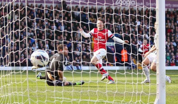 Tomas Rosicky fires past West Bromwich Albion s keeper Ben Foster to score the 2nd goal- Barclays Premier League - West Bromwich Albion vs Arsenal - The Hawthorns Stadium -West Bromwich - 6th April 2013 - Credit Paul Bradbury Sportimage EDITORIAL USE ONLY. No use with unauthorised audio, video, data, fixture lists, club league logos or live services. Online in-match use limited to 120 images, no video emulation. No use in betting, games or single club league player publications.
