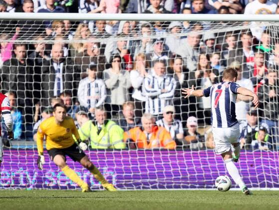 Pic: Paul Marriott . . West Bromwich Albion v Arsenal . . 06.04.13 James Morrison (WBA) scores a goal for West Brom from the penalty spot. 1-2. 