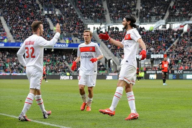 joie de David Beckham apres son but - Clement Chantome - Javier Pastore (PSG) FOOTBALL : Rennes vs PSG - Ligue 1 - 06 04 2013 N.LeGouic FEP Panoramic 