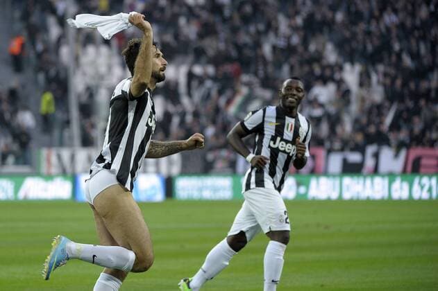 Esultanza , goal celebration , Mirko Vucinic Juventus.Torino 6 04 2013 Juventus Stadium.Football Calcio Serie A 2012 13. Juventus vs Pescara. federicoxtardito
