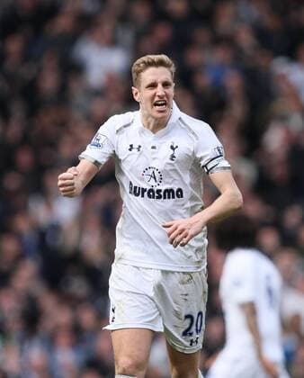 Tottenham Hotspur - FC Everton. 07.04.2013; Michael Dawson (TH) celebrates the second equaliser. 