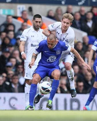 Tottenham Hotspur - FC Everton. 07.04.2013; John Heitinga (E) Lewis Holtby (TH) 