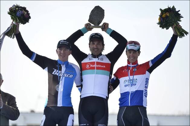 Podium : Sep Vanmarcke (Belgium Team Blanco ProCycling team) - Sieger Fabian Cancellara (Switzerland Team Radioshack Leopard) - Niki Terpstra (Holland Team Omega Pharma - Quickstep) Radsport: Paris Roubaix - 07 04 2013 xPhotoxNewsx 