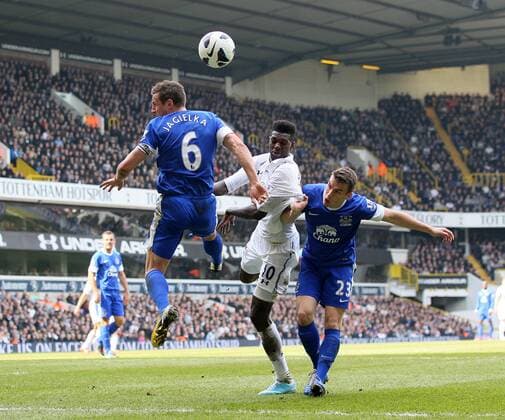Tottenham s Emmanuel Adebayor tussles with Everton s Phil Jagielka and Seamus Coleman.. Tottenham Hotspur - Everton FC. Barclays Premier League - White Hart Lane, London- 07 04 13 - EDITORIAL USE ONLY. No use with unauthorised audio, video, data, fixture lists, club league logos or live services. Online in-match use limited to 120 images, no video emulation. No use in betting, games or single club league player publications.