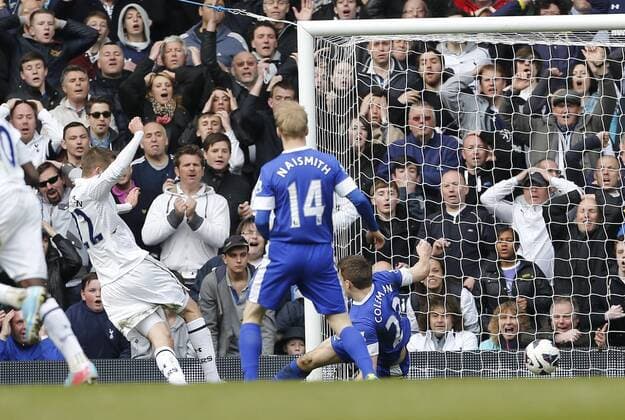 Tottenham s Gylfi Sigurdsson scoring his sides second goal.. Tottenham Hotspur - Everton FC. Barclays Premier League - White Hart Lane, London- 07 04 13 - EDITORIAL USE ONLY. No use with unauthorised audio, video, data, fixture lists, club league logos or live services. Online in-match use limited to 120 images, no video emulation. No use in betting, games or single club league player publications.