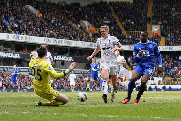 Tottenham s Hugo Lloris saves from Everton s Victor Anichebe.. Tottenham Hotspur - Everton FC. Barclays Premier League - White Hart Lane, London- 07 04 13 - EDITORIAL USE ONLY. No use with unauthorised audio, video, data, fixture lists, club league logos or live services. Online in-match use limited to 120 images, no video emulation. No use in betting, games or single club league player publications.