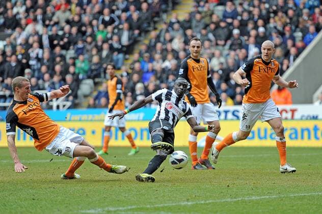 Football - Premier League - Newcastle United vs. FC Fulham: Papiss Cisse (Newcastle United) hits home with this shot at St James Park. 