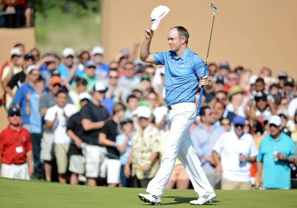 April 07 2013: Martin Laird celebrates after sinking a birdie on the par-5 18th hole during the final round of the PGA Golf Herren Tour Texas Open at the TPC San Antonio in San Antonio Texas. Laird would shoot a -9 on the final day to win the tournament. GOLF: APR 07 PGA Golf Herren - Valero Texas Open - Final Round Icon276130407254 EDITORIAL USE ONLY
