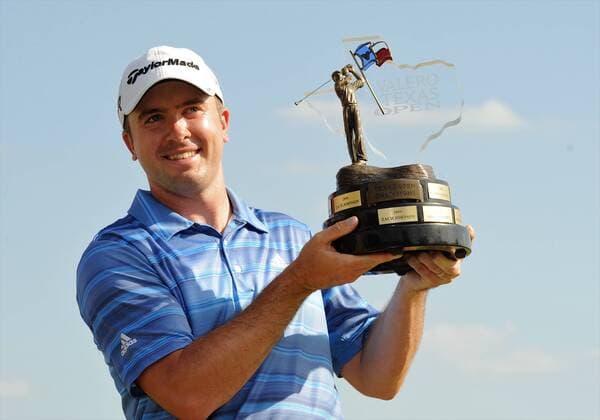 April 07 2013: Martin Laird holds the tournament champion trophy after winning the PGA Golf Herren Tour Texas Open at the TPC San Antonio in San Antonio Texas. Laird would shoot a -9 on the final day to win the tournament. GOLF: APR 07 PGA Golf Herren - Valero Texas Open - Final Round Icon276130407256 EDITORIAL USE ONLY