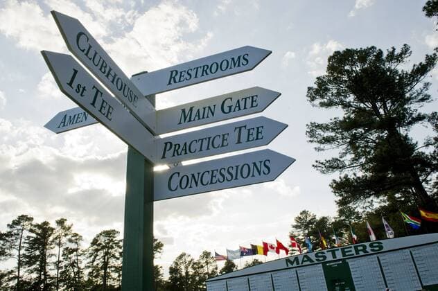 A direction sign is seen at the Master golf tournament at Augusta National Golf Club on April 8, 2013 in Augusta, Georgia.  AUG20130408330