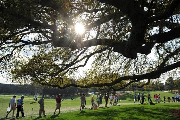 Golf patrons walk near the bit oak tree near the club house at the Master golf tournament at Augusta National Golf Club on April 8, 2013 in Augusta, Georgia.  AUG20130408332