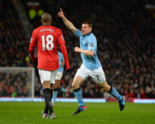 James Milner of Manchester City celebrates scoring the first goal - Barclays Premier League - Manchester Utd vs Manchester City - Old Trafford Stadium - Manchester- England - 08 04 13 - Picture Simon Bellis Sportimage EDITORIAL USE ONLY. No use with unauthorised audio, video, data, fixture lists, club league logos or live services. Online in-match use limited to 120 images, no video emulation. No use in betting, games or single club league player publications.
