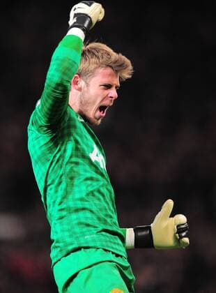 David De Gea of Manchester United celebrates the equalising goal - Barclays Premier League - Manchester Utd vs Manchester City - Old Trafford Stadium - Manchester- England - 08 04 13 - Picture Simon Bellis Sportimage EDITORIAL USE ONLY. No use with unauthorised audio, video, data, fixture lists, club league logos or live services. Online in-match use limited to 120 images, no video emulation. No use in betting, games or single club league player publications.