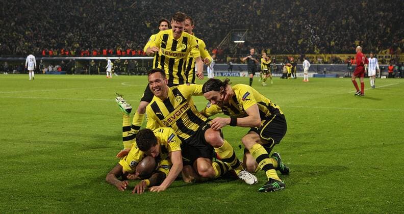 09.04.2013, Fussball Champions League Viertelfinale Rückspiel: Borussia Dortmund - FC Malaga, im Signal-Iduna-Park-Stadion Dortmund. Jubel Dortmund zum Tor zum 3:2