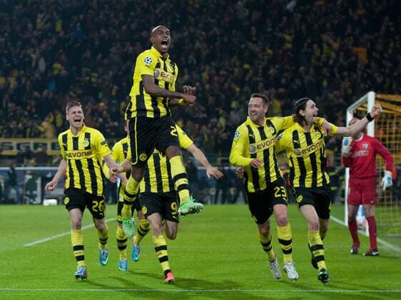 Jubel nach dem Tor zum 3-2: Lukasz PISZCZEK, Torschütze Felipe SANTANA, Julian SCHIEBER und Neven SUBOTIC (vl alleDOR) Fussball international UEFA Championsleague Saison 2012 2013, Viertelfinale Rückspiel: Borussia Dortmund - FC Malaga in Dortmund, Deutschland am 09.04.2013,