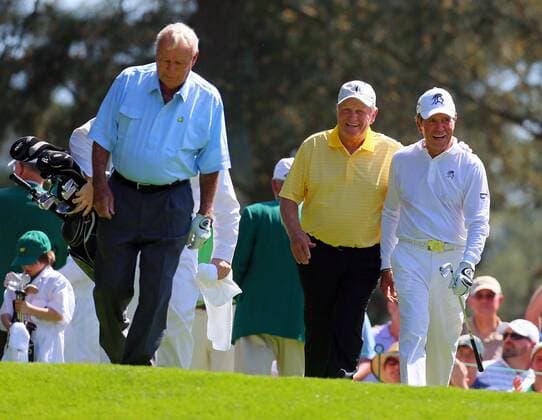 April 10, 2013 - Augusta, Georgia, U.S. - From left, ARNOLD PALMER, JACK NICKLAUS, and GARY PLAYER walk down the 1st fairway after teeing off during the Par 3 Contest at the Masters at Augusta National Golf Club. Golf 2013 - Masters Tournament - Par 3 Contest - ZUMAm67