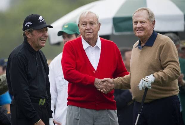 Honorary starters, from left to right, Gary Player, Arnold Palmer and Jack Nicklaus talk on the first tee before officially starting the 2013 Masters at Augusta National on April 11, 2013 in Augusta, Georgia.  AUG20130411303