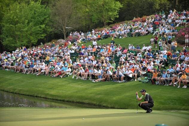 Sergio Garcia lines up a putt on the 16th green during the first round of the Masters at Augusta National on April 11, 2013 in Augusta, Georgia.  AUG20130411367