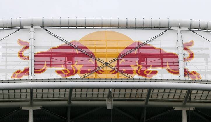 Leipzig, 12.04.2013, Red Bull Arena, Fußball, Regionalliga Nordost. , RasenBallsport Leipzig RB Leipzig. Pressekonferenz. , Im Bild: Neu angebrachte Red Bull Logos über den Tribünendächern. ,