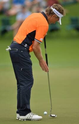 Bernhard Langer putts for eagle on the 2nd green during the second round of the Masters at Augusta National on April 12, 2013 in Augusta, Georgia.  AUG20130412309