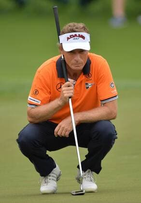 Bernhard Langer lines up a putt for eagle on the 2nd green during the second round of the Masters at Augusta National on April 12, 2013 in Augusta, Georgia.  AUG20130412310