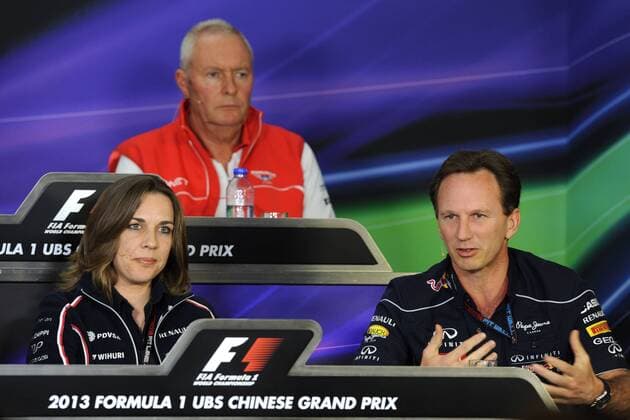 FORMULA ONE CHINESE GRAND PRIX AT SHANGHAI INTERNATIONAL CIRCUIT ON APRIL 12-13-14 2013. FIRST FIA PRESS CONFERENCE FOR NEW WILLIAMS DEPUTY TEAM PRINCIPAL, CLAIRE WILLIAMS HERE NEXT TO REDBULL TEAM PRINCIPAL CHRISTIAN HORNER. FORMULE 1 : Grand Prix de Chine - Essais - Shanghai - 12 04 2013 BernardAsset Panoramic 
