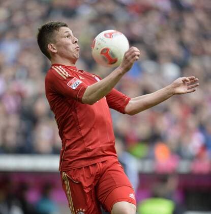 13.04.2013, Fussball 1.Bundesliga 2012 2013, 29.Spieltag, FC Bayern München - 1.FC Nürnberg, in der Allianz-Arena München, Pierre Emil Höjbjerg (Bayern) am Ball.