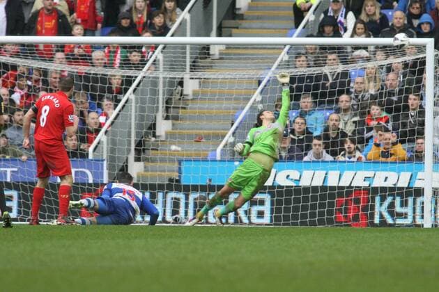 Football - 2012 2013 Premier League - Reading vs. Liverpool Readings Alex McCarthy pulls of a fine save from Steven Gerrard of Liverpool at the Madejski Stadium Reading 