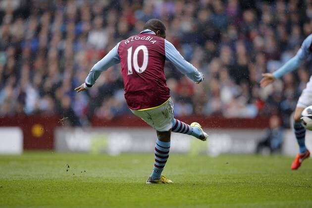 Charles Nzogbia of Aston Villa scoring the first goal of the game - Aston Villa vs FC Fulham - Barclays Premiership - Villa Park Birmingham - Season 12 13 - 13 4 13. EDITORIAL USE ONLY. No use with unauthorised audio, video, data, fixture lists, club league logos or live services. Online in-match use limited to 120 images, no video emulation. No use in betting, games or single club league player publications.