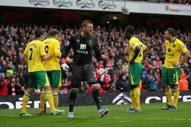 Norwich s Mark Bunn protests after the award of a penalty.. FC Arsenal London vs Norwich City - Barclays Premier League - Emirates Stadium, London- 12 04 13 - EDITORIAL USE ONLY. No use with unauthorised audio, video, data, fixture lists, club league logos or live services. Online in-match use limited to 120 images, no video emulation. No use in betting, games or single club league player publications.