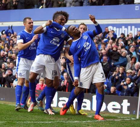 -Everton s Victor Anichebe celebrates.the 2nd goal of the game- Barclays Premier League - FC Everton vs Queens Park Rangers QPR - Goodison Park -Liverpool- 13th April 2013 - EDITORIAL USE ONLY. No use with unauthorised audio, video, data, fixture lists, club league logos or live services. Online in-match use limited to 120 images, no video emulation. No use in betting, games or single club league player publications.