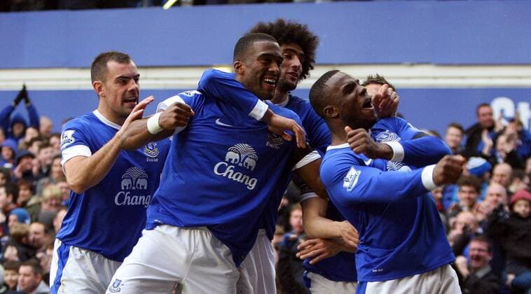 -Everton s Victor Anichebe celebrates the 2nd goal of the game- Barclays Premier League - FC Everton vs Queens Park Rangers QPR - Goodison Park -Liverpool- 13th April 2013 - EDITORIAL USE ONLY. No use with unauthorised audio, video, data, fixture lists, club league logos or live services. Online in-match use limited to 120 images, no video emulation. No use in betting, games or single club league player publications.