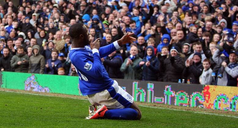 Everton s VictorAnichebe celebrates the 2nd goal of the game-- Barclays Premier League - FC Everton vs Queens Park Rangers QPR - Goodison Park -Liverpool- 13th April 2013 - EDITORIAL USE ONLY. No use with unauthorised audio, video, data, fixture lists, club league logos or live services. Online in-match use limited to 120 images, no video emulation. No use in betting, games or single club league player publications.