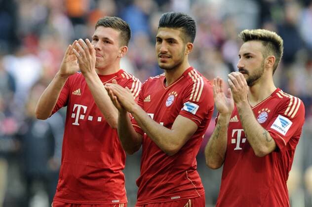 v.li:Pierre Emil Höjbjerg (Bayern München),Emre CAN (Bayern München),Diego CONTENTO (Bayern München),nach dem Schlusspfiff,Aktion,Gestik. Fussball 1. Bundesliga, 29 Spieltag,Fussball 1. Bundesliga FC Bayern München (M)-1.FC Nürnberg (N) 4-0. Liga1,Spieltag29,Saison 2012 13,am 13.04.2013. A L L I A N Z A R E N A.