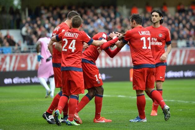 Blaise Matuidi (psg) - Ezequiel Lavezzi (psg) - Lucas (psg) - Thiago Motta (psg) FOOTBALL: AC Aube Troyes (ES, ESTAC) - Paris St Germain (PSG). Ligue 1 - 13 04 2013 xAnthonyxBIBARDxFEPx 