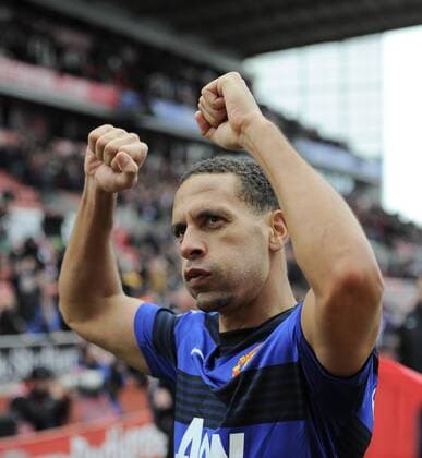 Rio Ferdinand of Manchester United ManU celebrates the win - Barclays Premier League - Stoke City vs Manchester Utd - Britannia Stadium - Stoke - England - 14 04 13 - EDITORIAL USE ONLY. No use with unauthorised audio, video, data, fixture lists, club league logos or live services. Online in-match use limited to 120 images, no video emulation. No use in betting, games or single club league player publications.