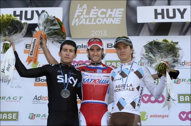 Daniel Moreno Fernandez (ESP) from Katusha Team with Sergio Henao Montoya (COL) from Sky and Carlos Betancur Gomez Alberto (COL) from Ag2r - Podium CYCLISME : La Fleche Wallonne - 17 04 2013 Photonews Panoramic 
