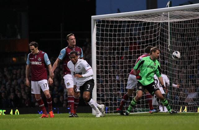 Manchester United s Antonio Valencia celebrates scoring his sides opening goal..West Ham United v Manchester United (ManU) - Barclays Premier League - EDITORIAL USE ONLY. No use with unauthorised audio, video, data, fixture lists, club league logos or live services. Online in-match use limited to 120 images, no video emulation. No use in betting, games or single club league player publications.