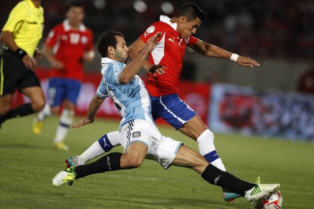 Football, Chile vs Argentina. Chilean national team player Alexis Sanchez, center, battles for the ball against Argentina s Javier Mascherano during their qualifying to Brazil 2014 football match held at National stadium in Santiago, Chile. 16 10 2012 Futbol, Chile vs Argentina. 