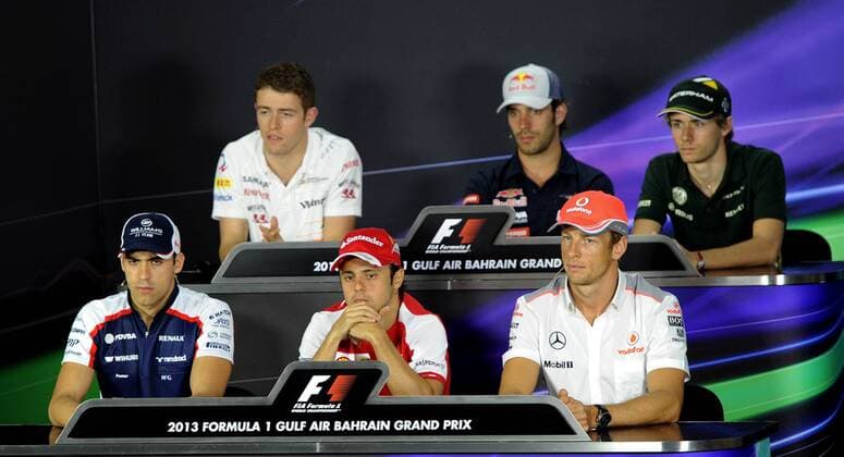 (130418) -- MANAMA, April 18, 2013 (Xinhua) -- Drivers attends the press conference of the Bahrain Formula One Grand Prix at the Bahrain International Circuit in Manama, Bahrain, on April 18, 2013. (Xinhua Chen Shaojin) BAHRAIN-MANAMA-F1-PRESS CONFERENCE 