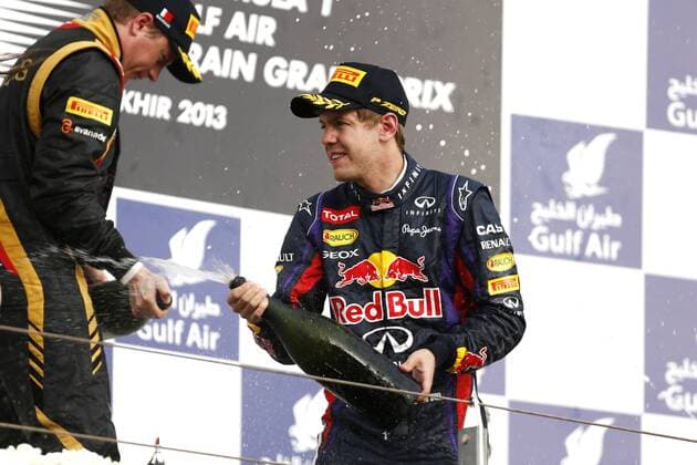 Motorsports: FIA Formula One World Championship 2013, Grand Prix of Bahrain, 1 Sebastian Vettel (GER, Infiniti Red Bull Racing), 1 Sebastian Vettel (GER, Infiniti Red Bull Racing), 7 Kimi Raikkonen (FIN, Lotus F1 Team), xHOCHxZWEIx