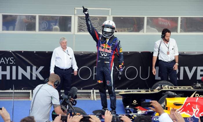 (130421) -- MANAMA, April 21, 2013 (Xinhua) -- Red Bull driver Sebastian Vettel celebrates during the victory ceremony of the Bahrain F1 Grand Prix at the Bahrain International Circuit in Manama, Bahrain, on April 21, 2013. (Xinhua Chen Shaojin) (zf) BAHRAIN-MANAMA-F1 