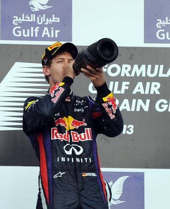 (130421) -- MANAMA, April 21, 2013 (Xinhua) -- Red Bull driver Sebastian Vettel drinks champagne during the victory ceremony of the Bahrain F1 Grand Prix at the Bahrain International Circuit in Manama, Bahrain, on April 21, 2013. (Xinhua Chen Shaojin) (zf) BAHRAIN-MANAMA-F1 