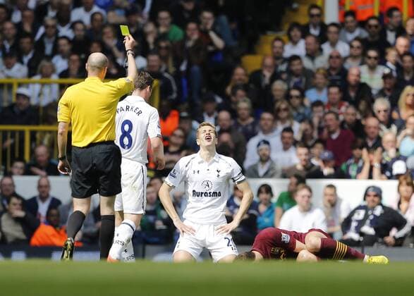 Tottenham s Michael Dawson looks on dejected after getting booked..Tottenham Hotspur v Manchester City - Barclays Premier League - White Hart Lane, London- 21 04 13 - EDITORIAL USE ONLY. No use with unauthorised audio, video, data, fixture lists, club league logos or live services. Online in-match use limited to 120 images, no video emulation. No use in betting, games or single club league player publications.