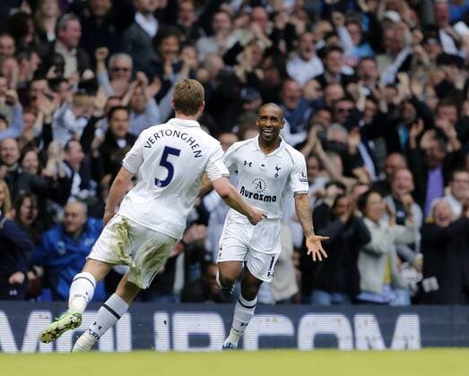 Tottenham s Jermain Defoe celebrates scoring his sides second goal..Tottenham Hotspur v Manchester City - Barclays Premier League - White Hart Lane, London- 21 04 13 - EDITORIAL USE ONLY. No use with unauthorised audio, video, data, fixture lists, club league logos or live services. Online in-match use limited to 120 images, no video emulation. No use in betting, games or single club league player publications.