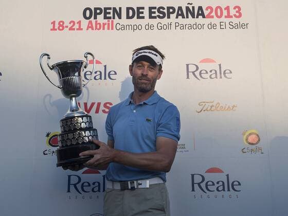21.04.2013 Valencia, Spain. Raphael Jaqueline, of France holds the Open of Spain trophy during the awards ceremony at the end of the fourth round of the Spanish Open from the El Saler Golf Course. xIvanxArlandisx  ActionPlus20201439