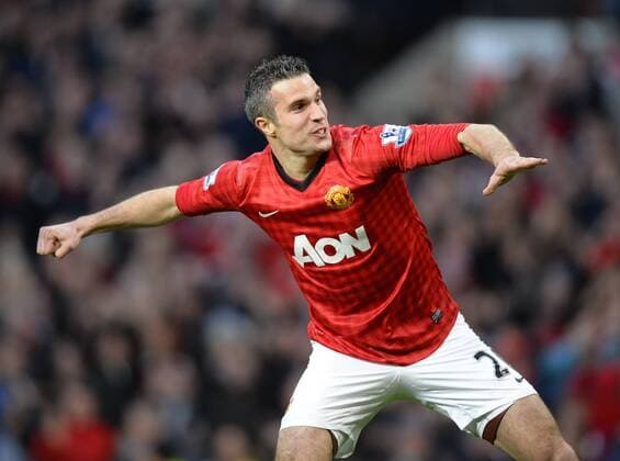 Robin van Persie of Manchester United celebrates scoring the first goal - Barclays Premier League - Manchester Utd ManU vs Aston Villa - Old Trafford Stadium - Manchester - 22 04 13 - EDITORIAL USE ONLY. No use with unauthorised audio, video, data, fixture lists, club league logos or live services. Online in-match use limited to 120 images, no video emulation. No use in betting, games or single club league player publications.