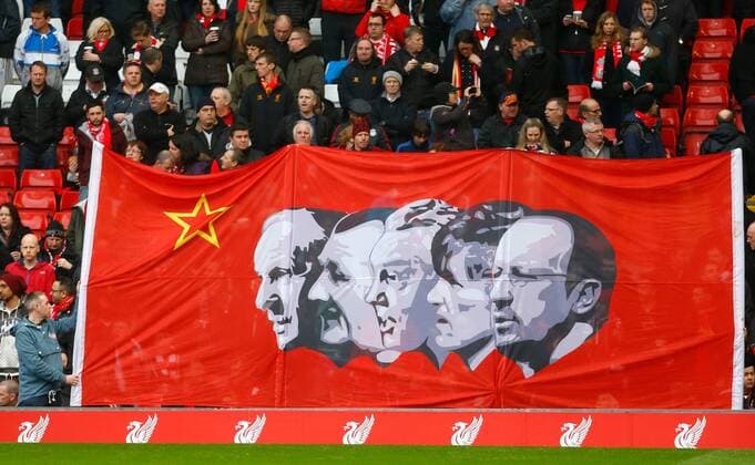 PROPAGANDA20130421 Barclays Premier League, Liverpool FC fans banner featuring previous great managers Bill Shankly, Bob Paisley, Joe Fagan, Kenny Dalglish and Rafael Benitez before the Premiership match against Chelsea at Anfield. EDITORIAL USE ONLY. No use with unauthorised audio, video, data, fixture lists, club league logos or live services. Online in-match use limited to 120 images, no video emulation. No use in betting, games or single club league player publications.