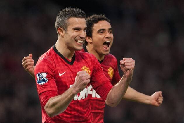 Football - 2012 2013 Premier League - Manchester United ManU vs. Aston Villa Robin van Persie of Manchester United celebrates scoring the opening goal at Old Trafford 