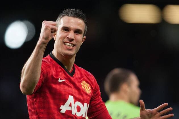 Football - 2012 2013 Premier League - Manchester United ManU vs. Aston Villa Robin van Persie of Manchester United celebrates scoring the opening goal at Old Trafford 